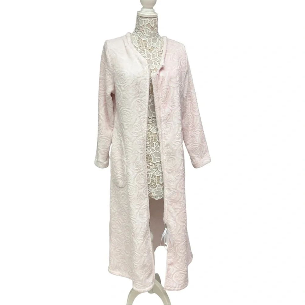 Ella Simone Pink Plush Zip Robe Floral Texture Long Sleeve Large, House Robe